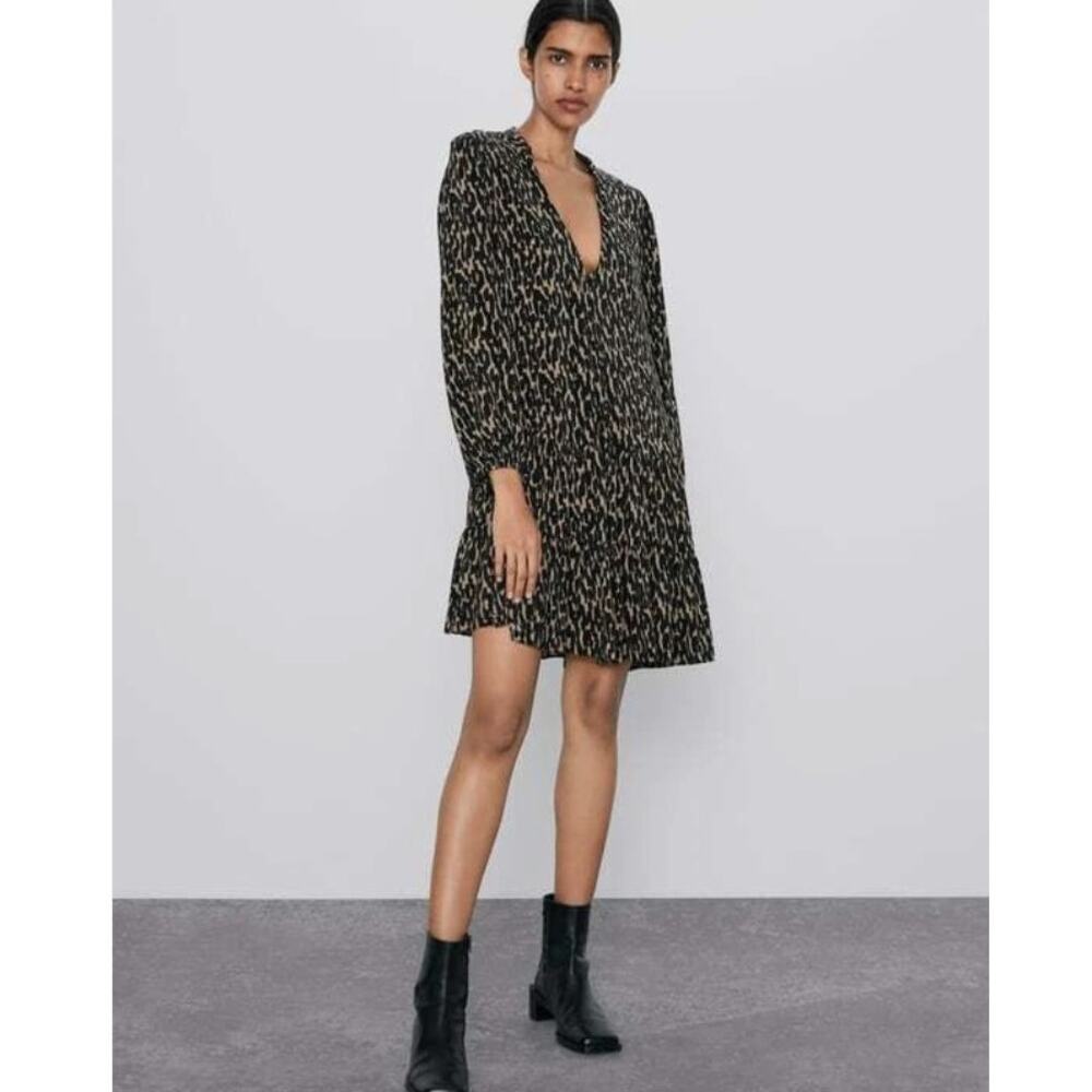 ZARA Black Tan Animal Print V Neck Flounce Hem Mini Shift Dress‎ Small Tunic